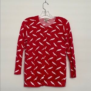 Loft red white whale print button sweater size M!